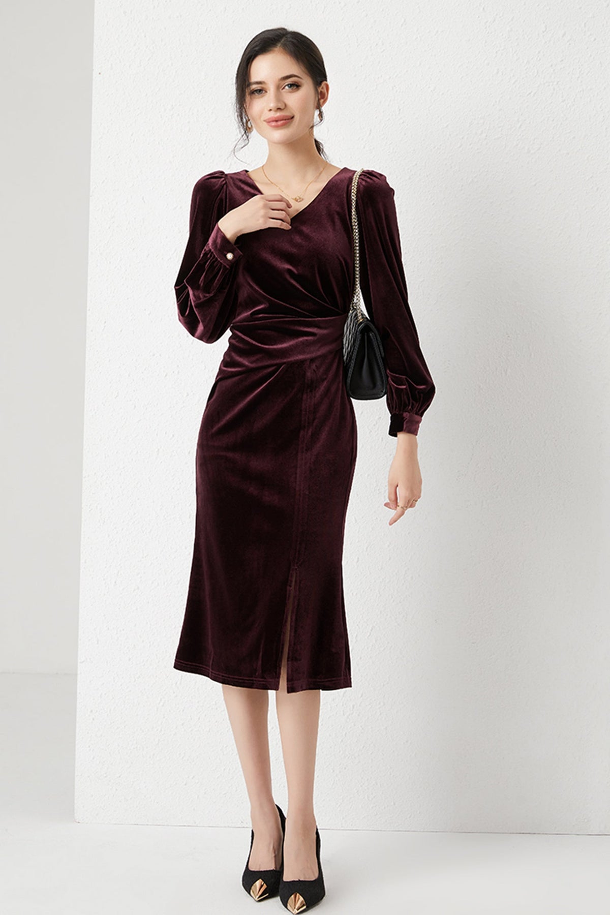Burgundy Velvet Long Sleeve V-Neck Midi Dress