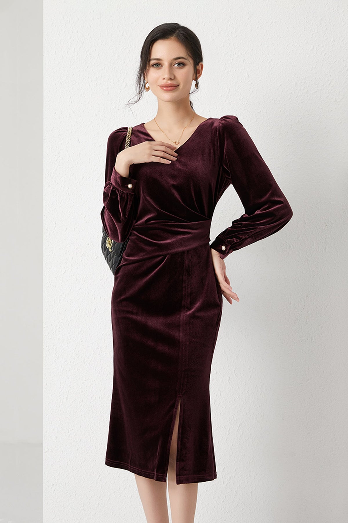 Burgundy Velvet Long Sleeve V-Neck Midi Dress