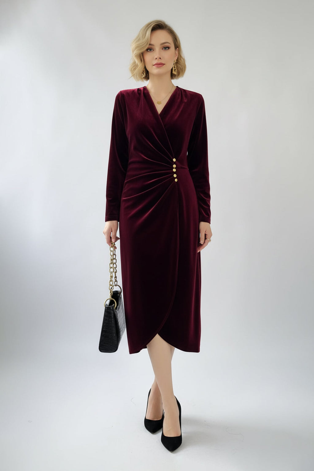 Burgundy Velvet Ruched Long Sleeve V-Neck Midi Dress