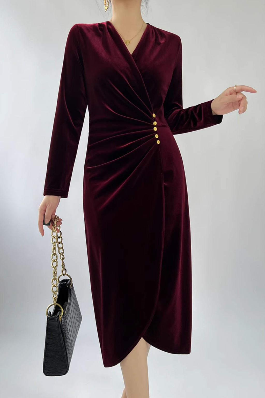 Burgundy Velvet Ruched Long Sleeve V-Neck Midi Dress