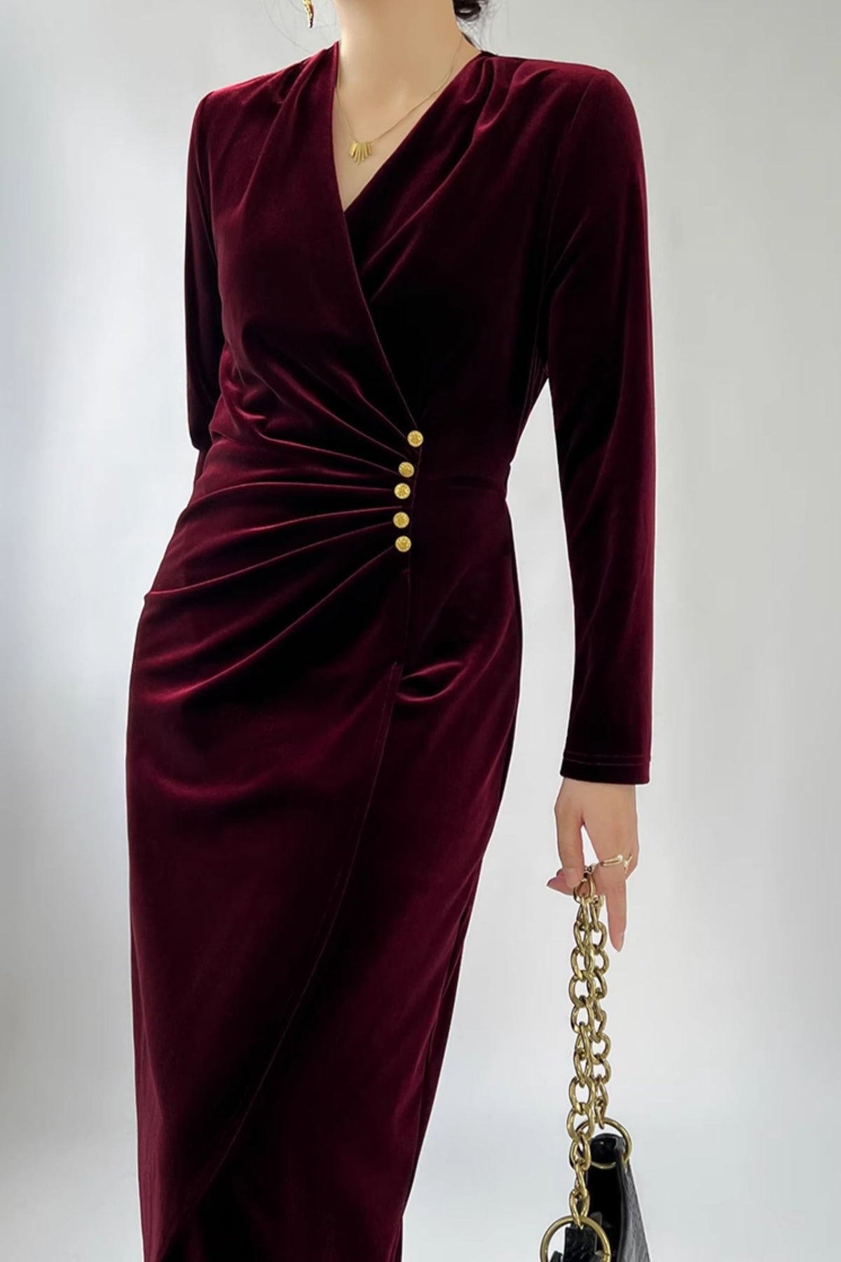 Burgundy Velvet Ruched Long Sleeve V-Neck Midi Dress