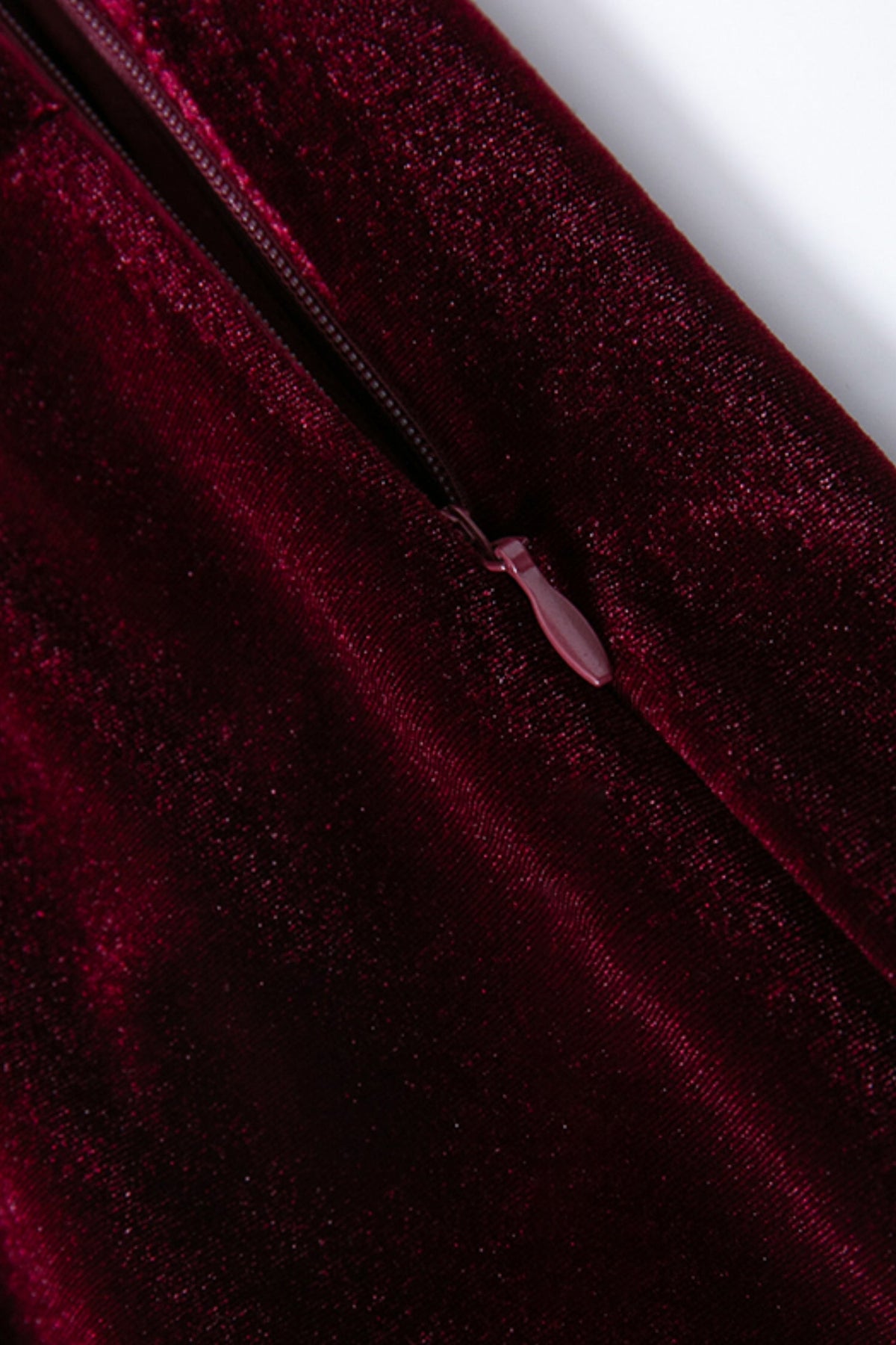 Burgundy Velvet Ruched Long Sleeve V-Neck Midi Dress