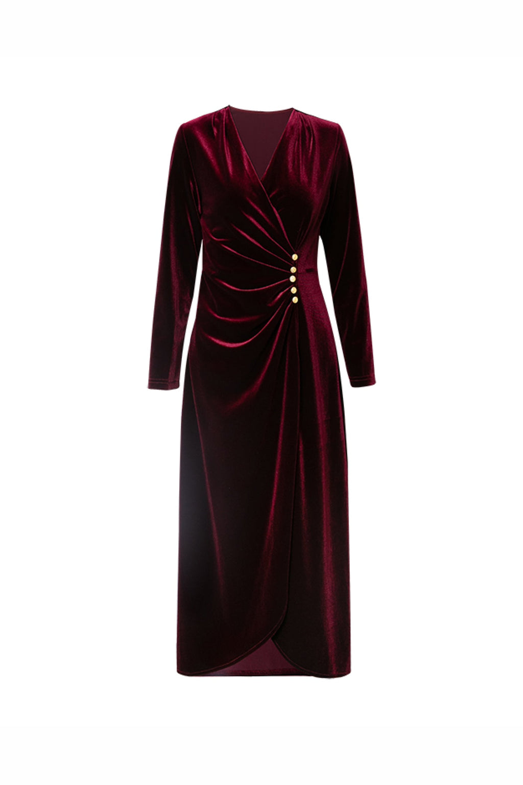 Burgundy Velvet Ruched Long Sleeve V-Neck Midi Dress