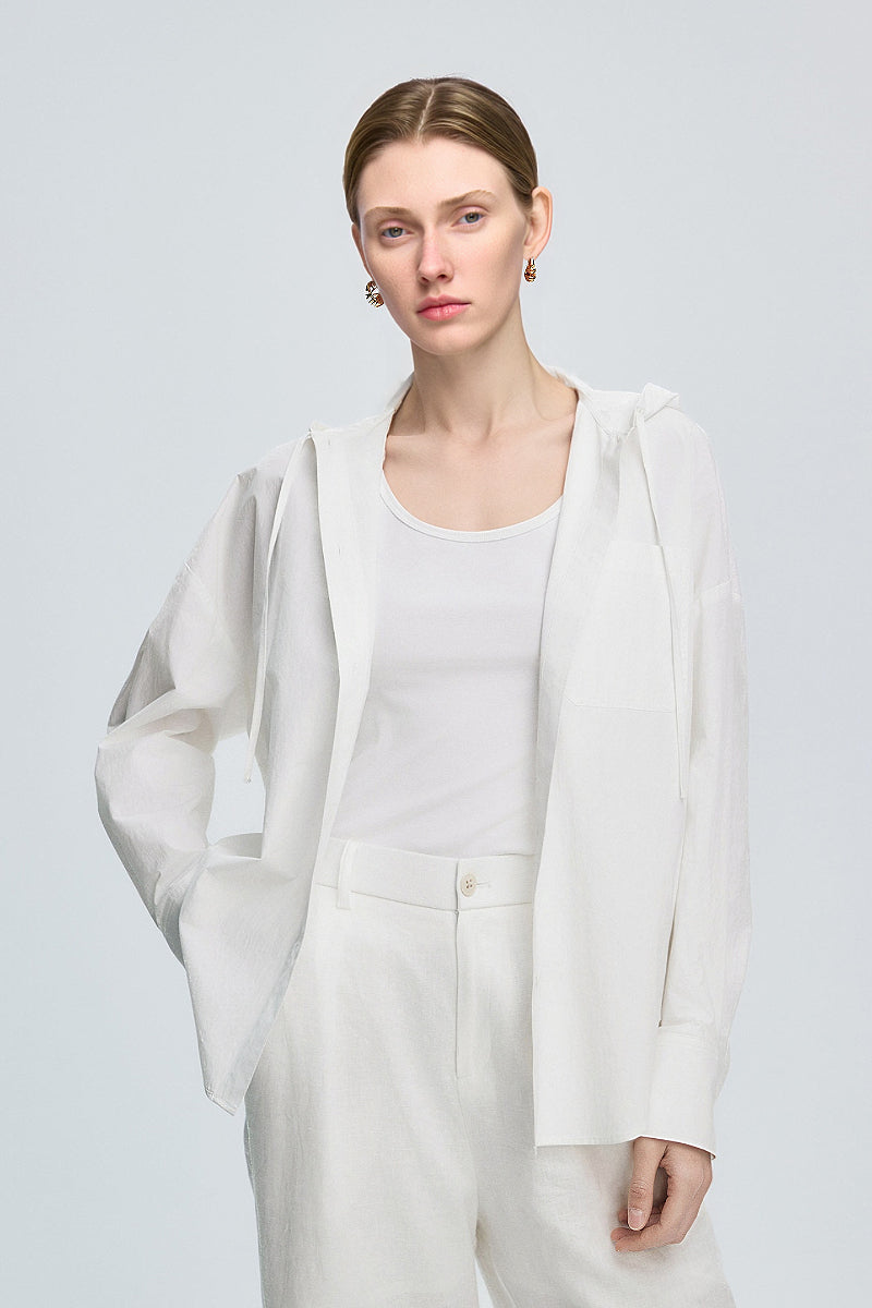 Casual Hooded Long-Sleeve Button-Down Pocket Shirt