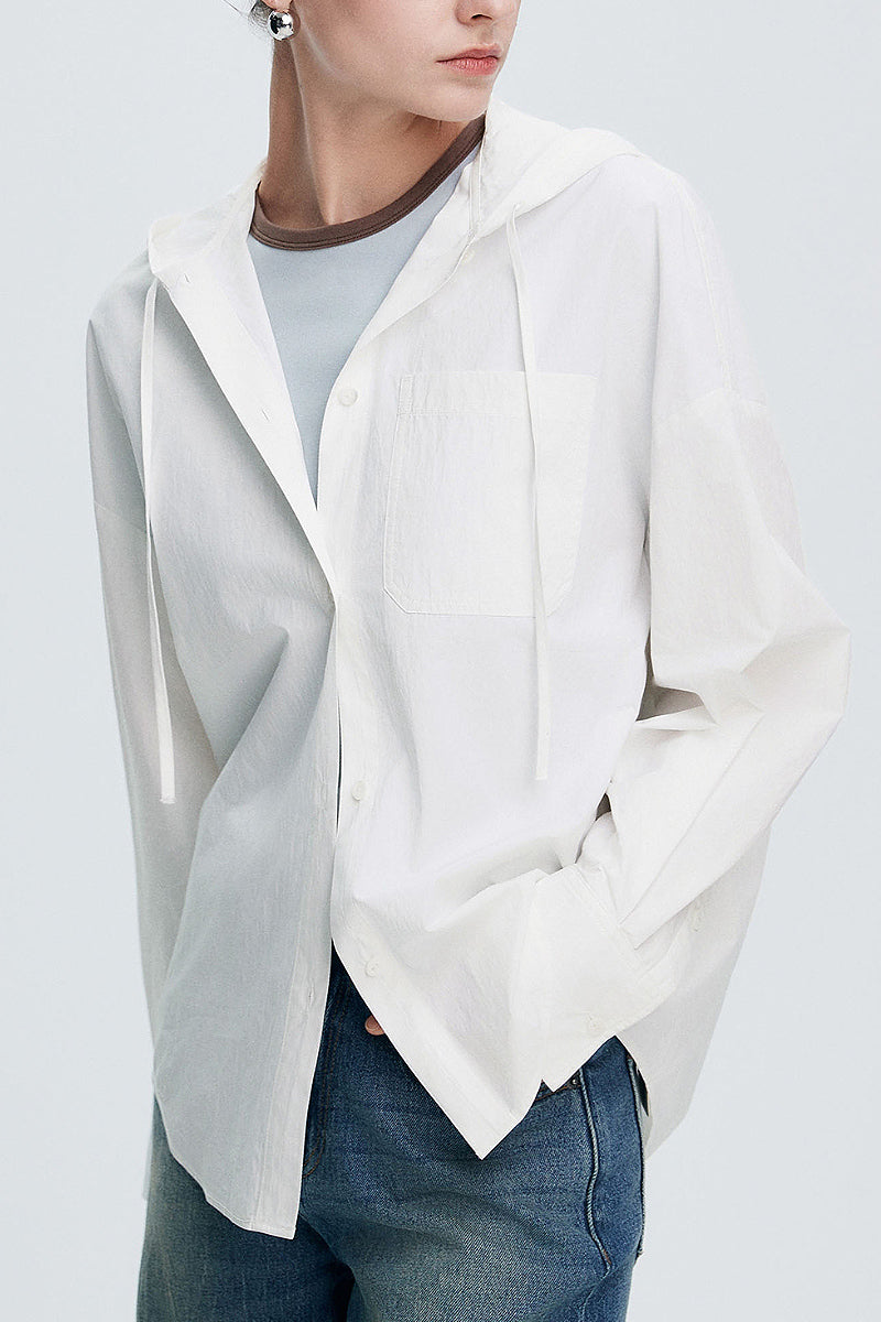 Casual Hooded Long-Sleeve Button-Down Pocket Shirt
