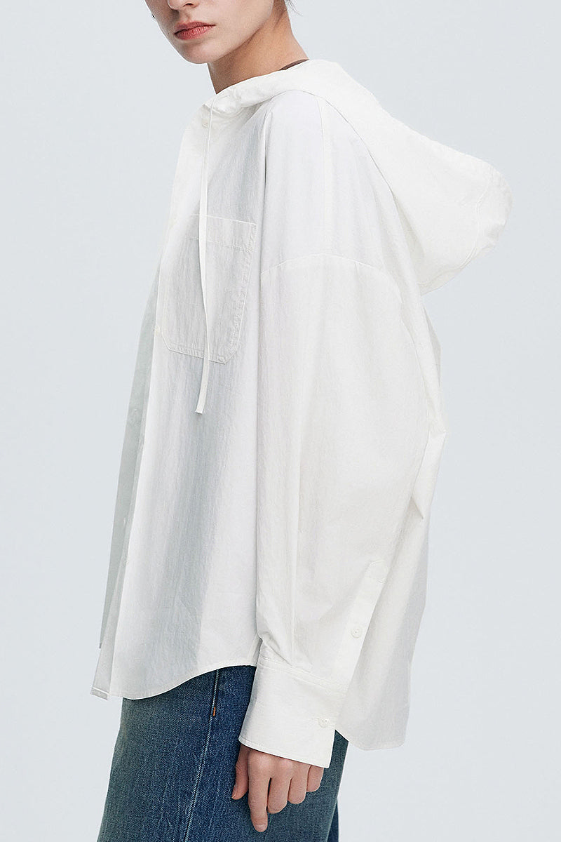 Casual Hooded Long-Sleeve Button-Down Pocket Shirt