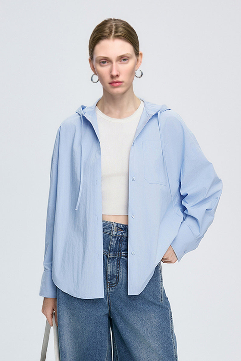 Casual Hooded Long-Sleeve Button-Down Pocket Shirt