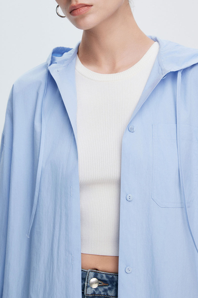 Casual Hooded Long-Sleeve Button-Down Pocket Shirt