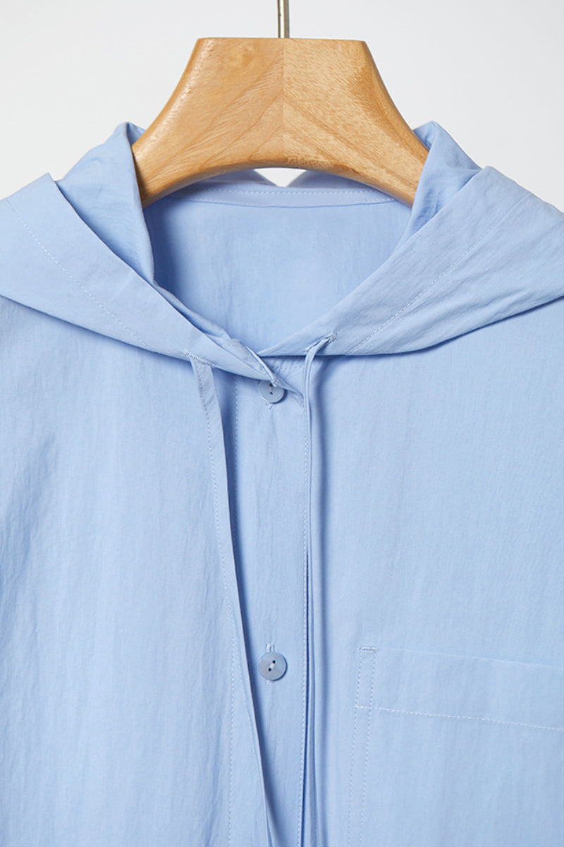 Casual Hooded Long-Sleeve Button-Down Pocket Shirt