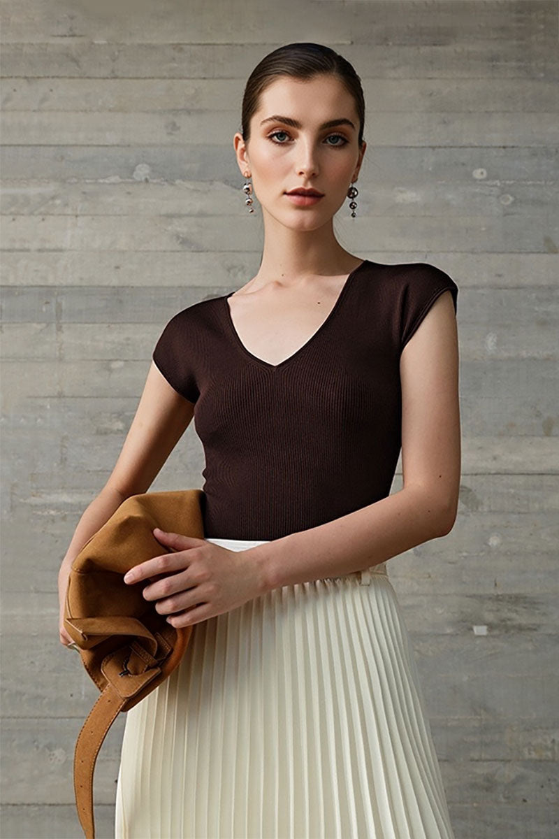 Casual Wool-Acetate Blend Slim-Fit V-Neck Cap-Sleeve Knit T Shirt