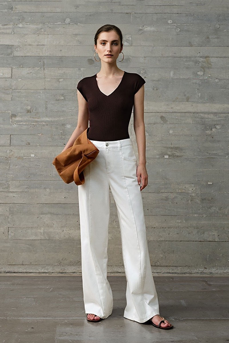 Casual Wool-Acetate Blend Slim-Fit V-Neck Cap-Sleeve Knit T Shirt
