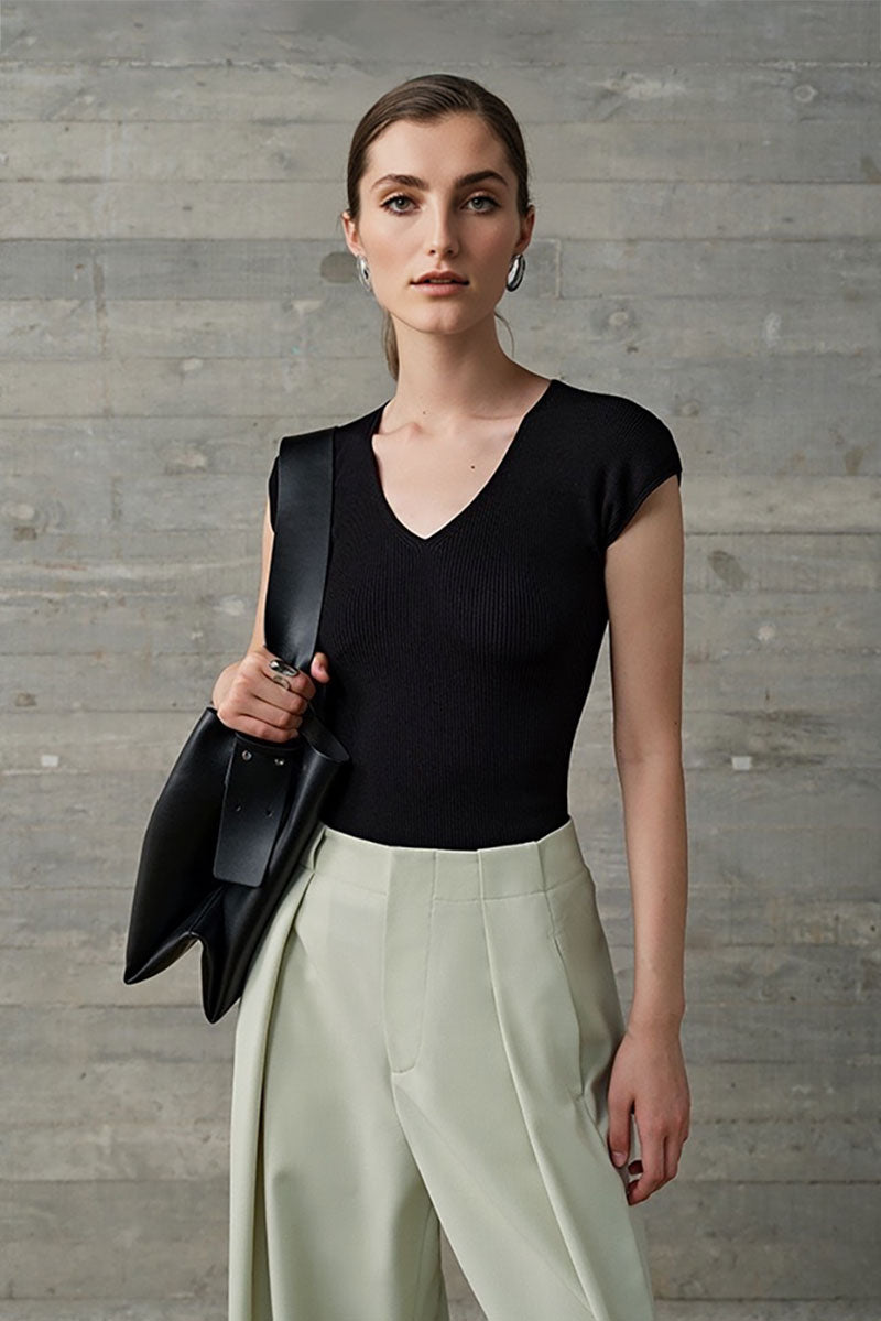 Casual Wool-Acetate Blend Slim-Fit V-Neck Cap-Sleeve Knit T Shirt