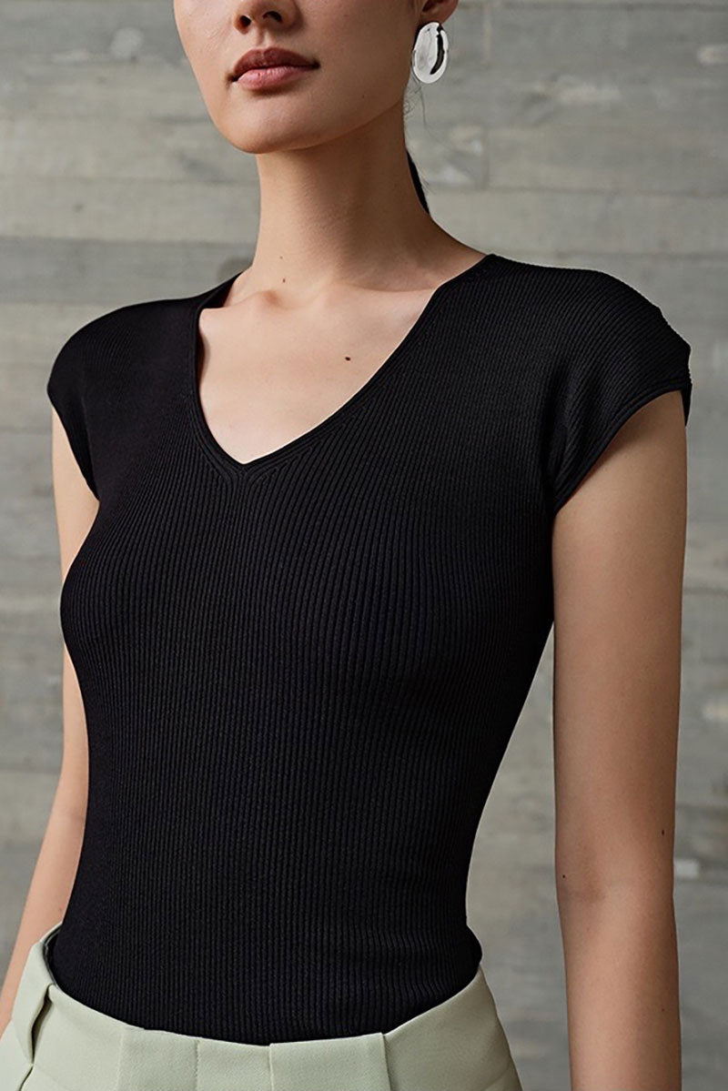 Casual Wool-Acetate Blend Slim-Fit V-Neck Cap-Sleeve Knit T Shirt