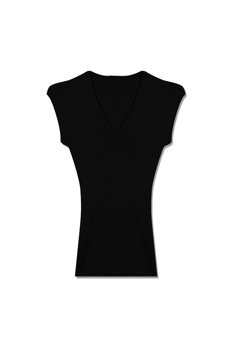 Casual Wool-Acetate Blend Slim-Fit V-Neck Cap-Sleeve Knit T Shirt