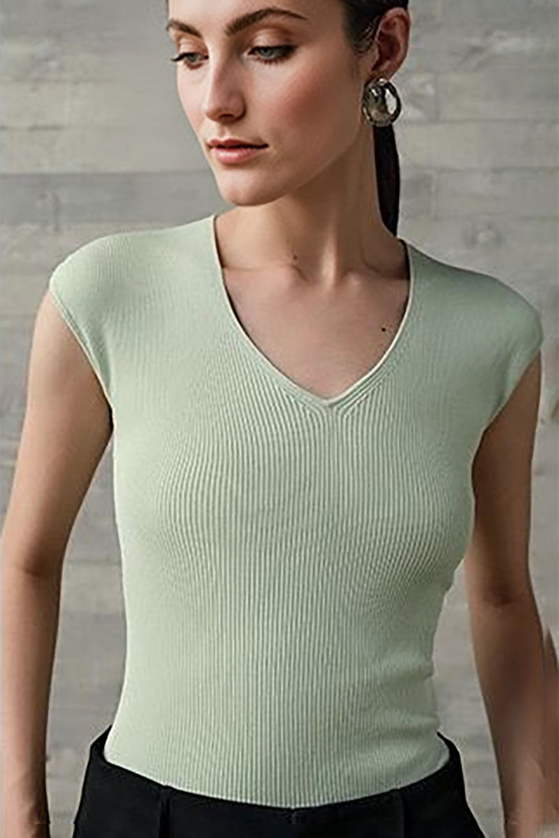 Casual Wool-Acetate Blend Slim-Fit V-Neck Cap-Sleeve Knit T Shirt