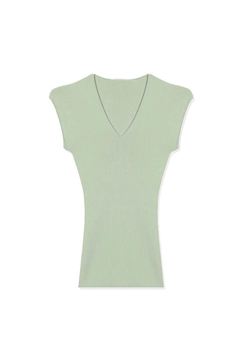Casual Wool-Acetate Blend Slim-Fit V-Neck Cap-Sleeve Knit T Shirt