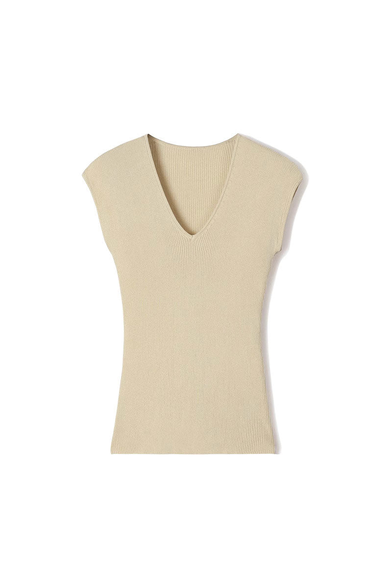 Casual Wool-Acetate Blend Slim-Fit V-Neck Cap-Sleeve Knit T Shirt