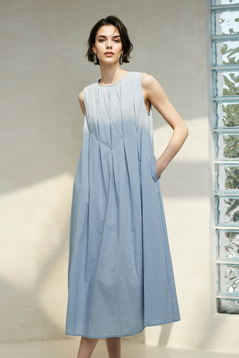 Causal Summer Pleat Textured Blue Tank Midi Dress