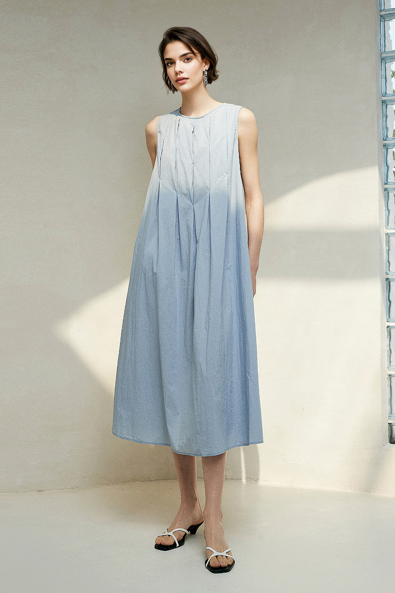 Causal Summer Pleat Textured Blue Tank Midi Dress