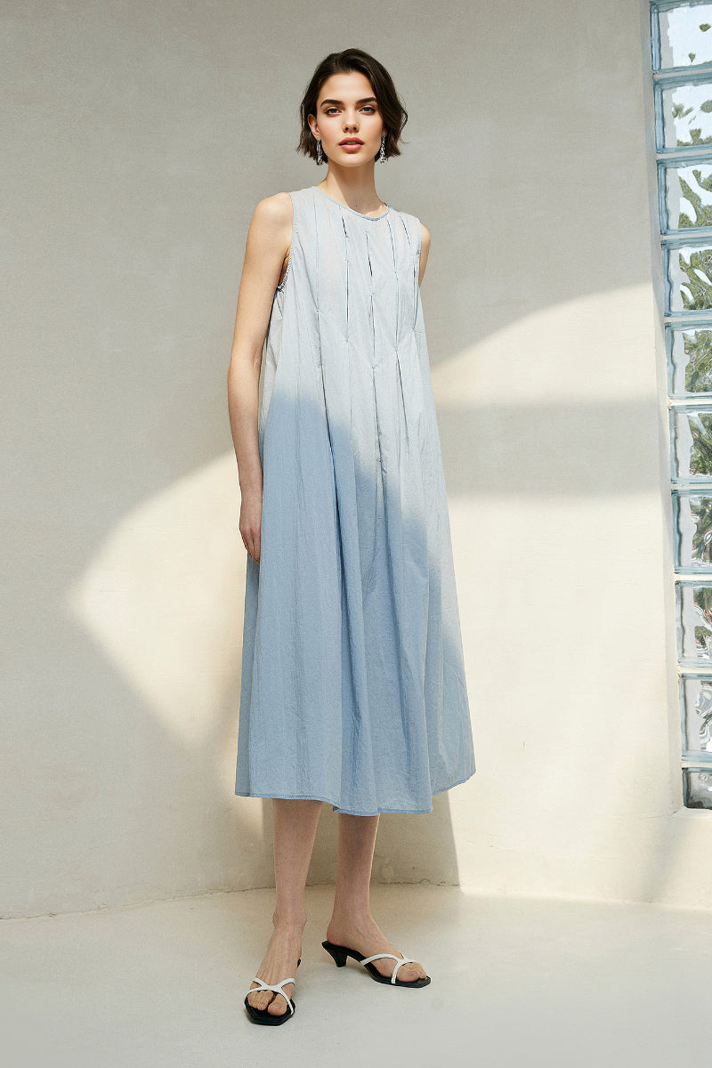 Causal Summer Pleat Textured Blue Tank Midi Dress