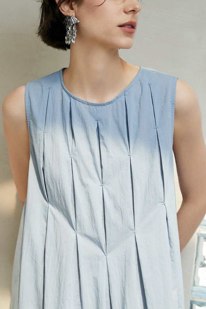 Causal Summer Pleat Textured Blue Tank Midi Dress