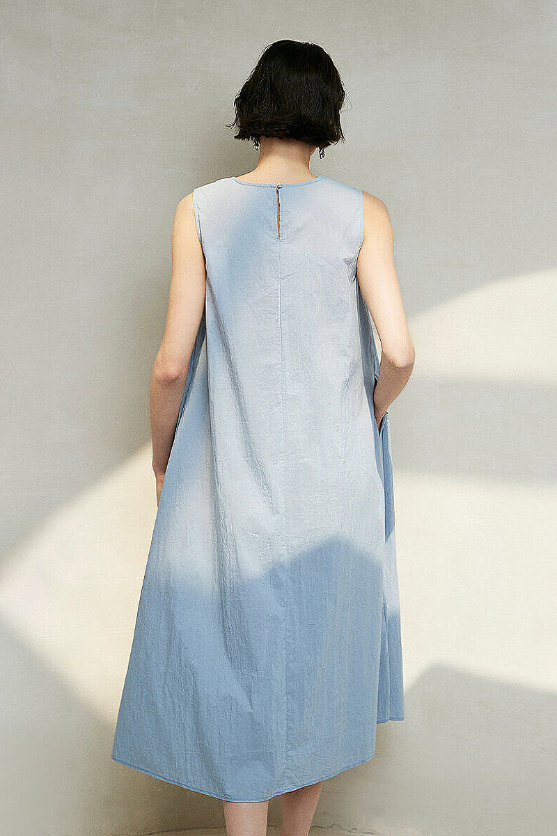Causal Summer Pleat Textured Blue Tank Midi Dress