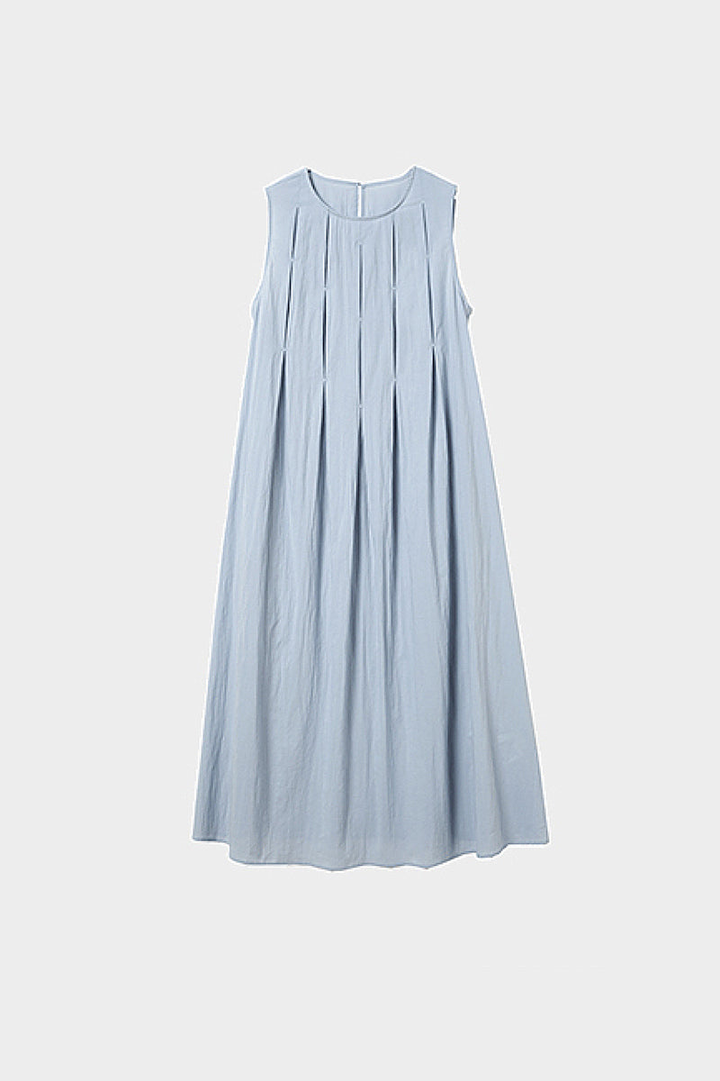 Causal Summer Pleat Textured Blue Tank Midi Dress