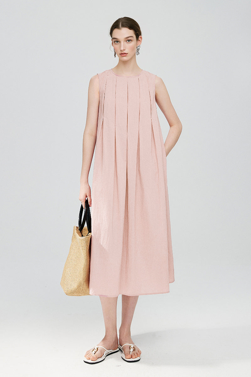 Causal Summer Pleat Textured Light Pink Midi Tank Dress