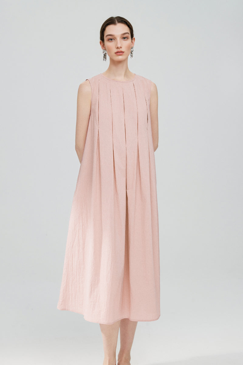 Causal Summer Pleat Textured Light Pink Midi Tank Dress
