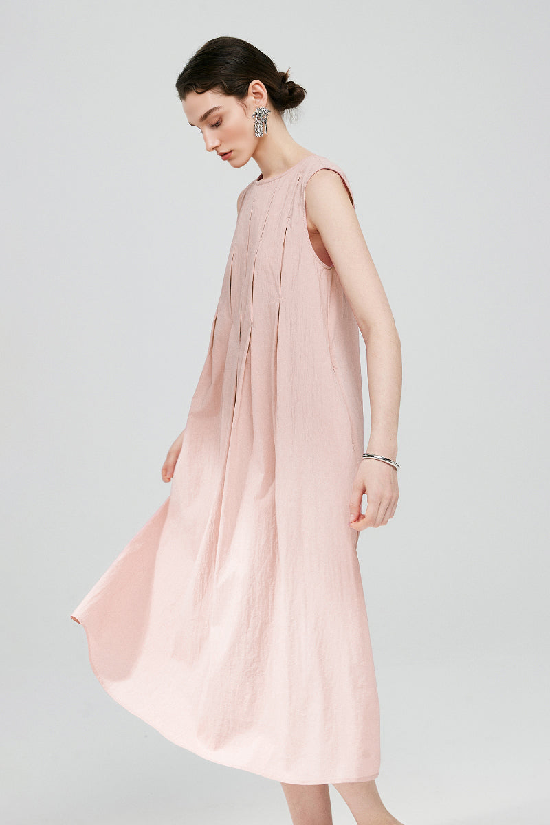 Causal Summer Pleat Textured Light Pink Midi Tank Dress