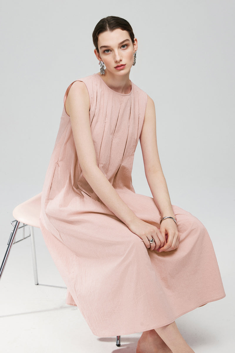 Causal Summer Pleat Textured Light Pink Midi Tank Dress