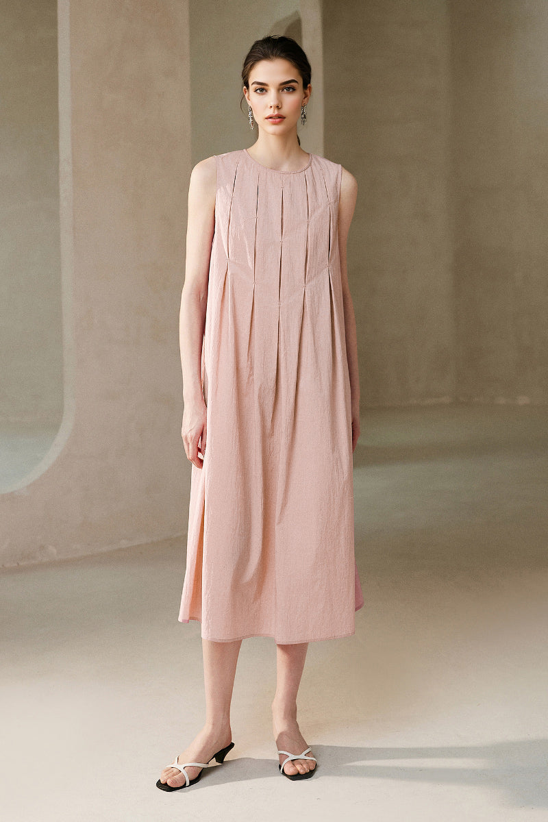 Causal Summer Pleat Textured Light Pink Midi Tank Dress