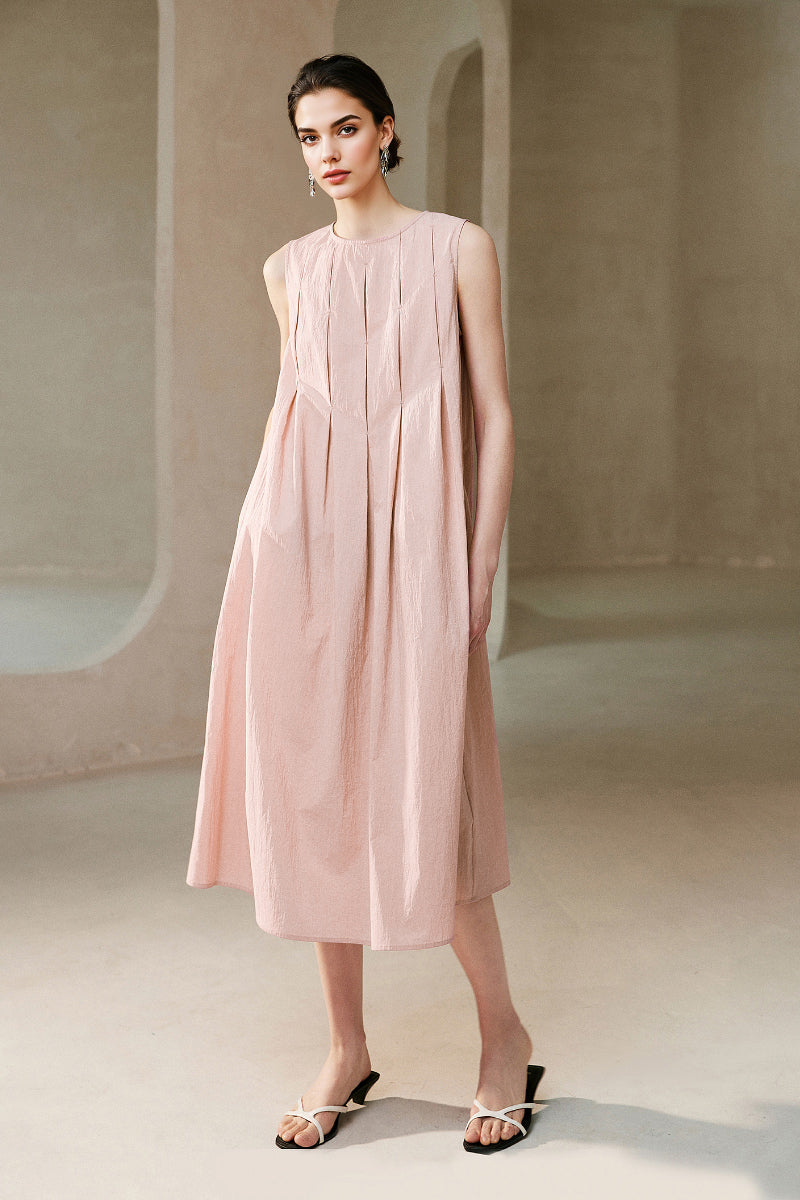 Causal Summer Pleat Textured Light Pink Midi Tank Dress