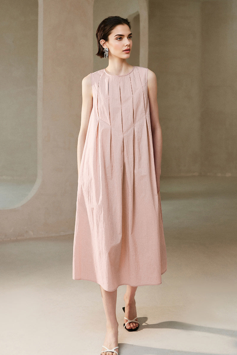 Causal Summer Pleat Textured Light Pink Midi Tank Dress
