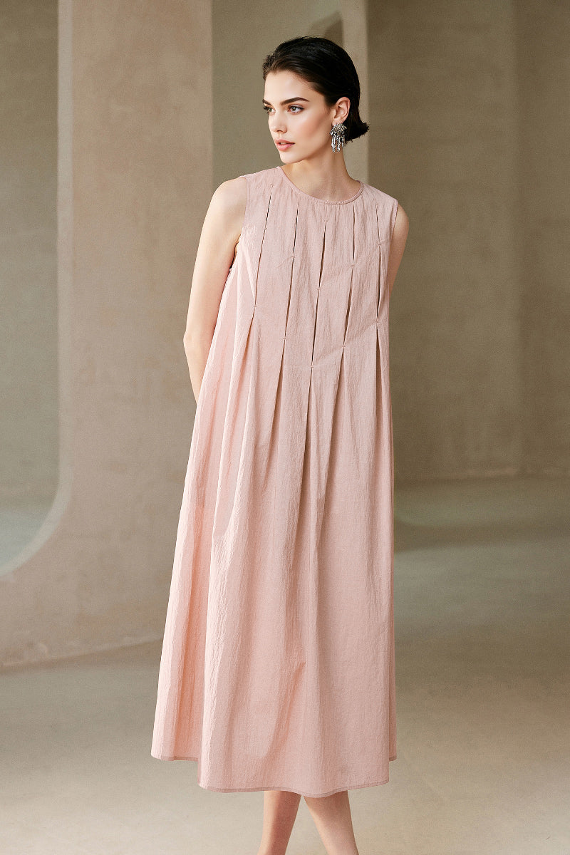 Causal Summer Pleat Textured Light Pink Midi Tank Dress