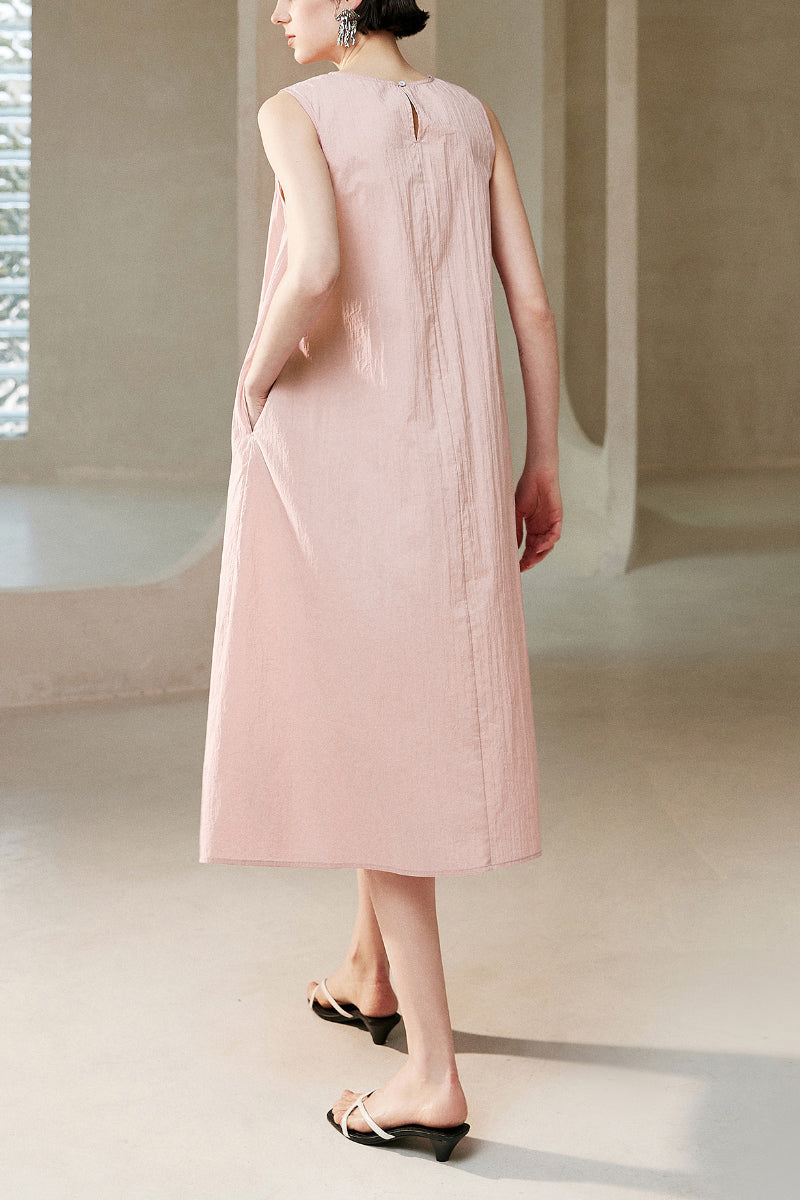 Causal Summer Pleat Textured Light Pink Midi Tank Dress