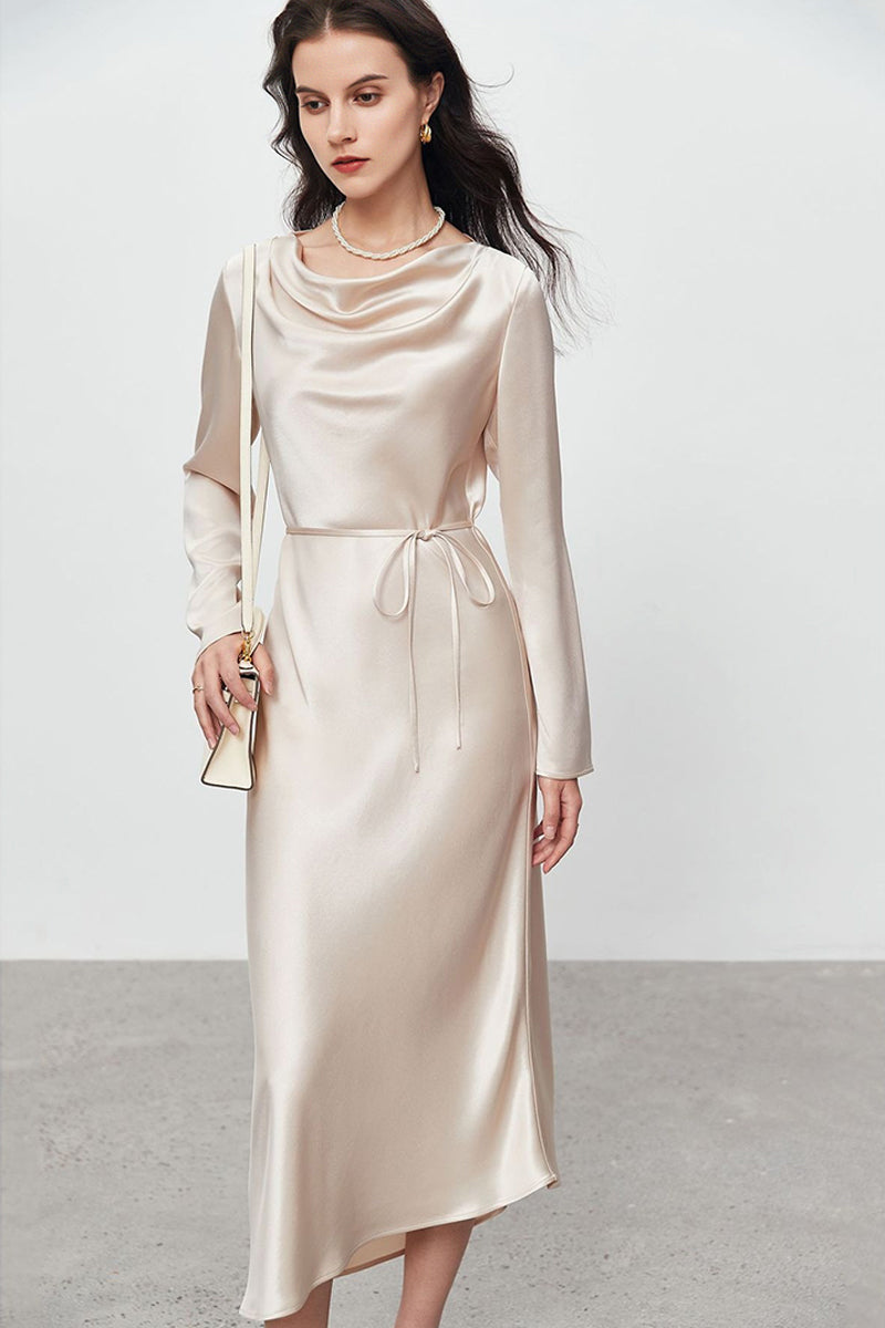 Champagne Triacetate Satin Long Sleeve Cowl Neck Midi Dress