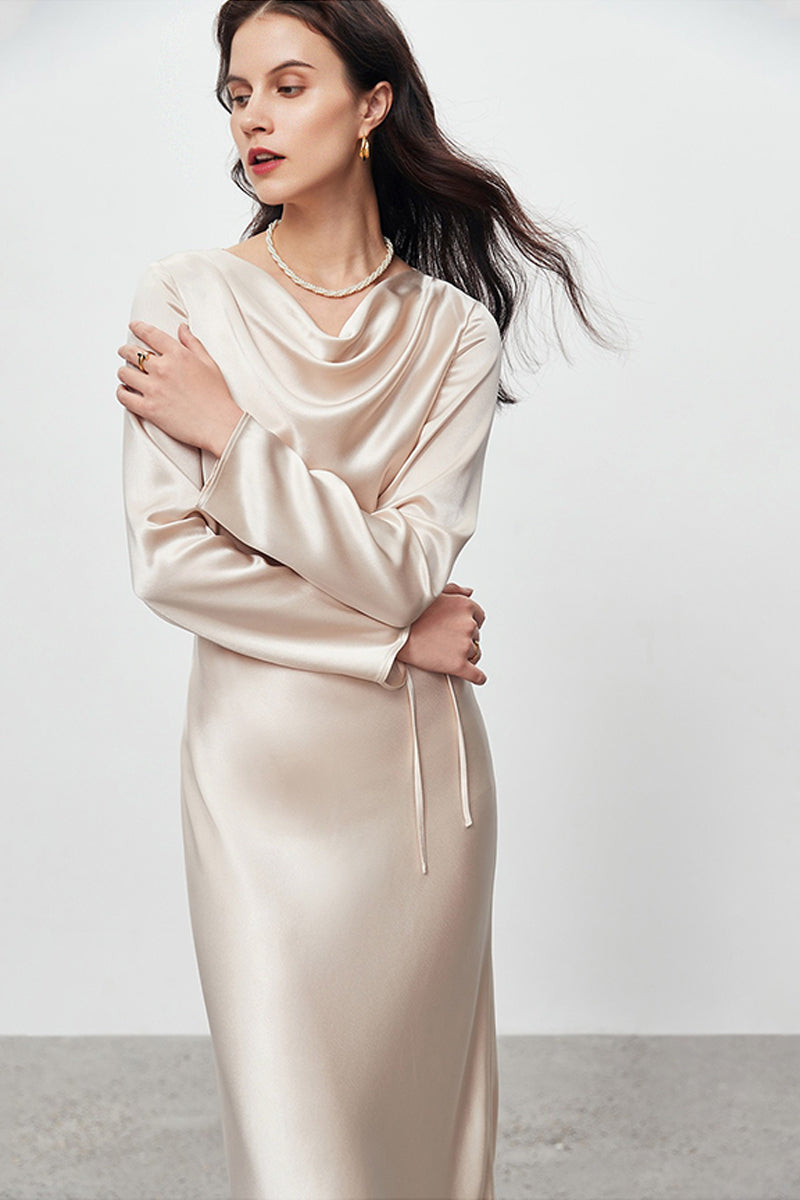Champagne Triacetate Satin Long Sleeve Cowl Neck Midi Dress