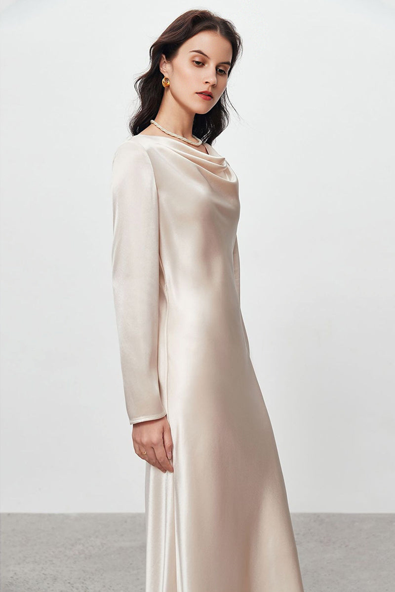 Champagne Triacetate Satin Long Sleeve Cowl Neck Midi Dress