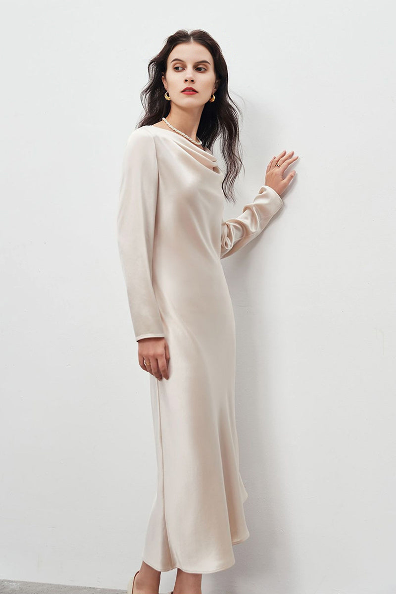 Champagne Triacetate Satin Long Sleeve Cowl Neck Midi Dress