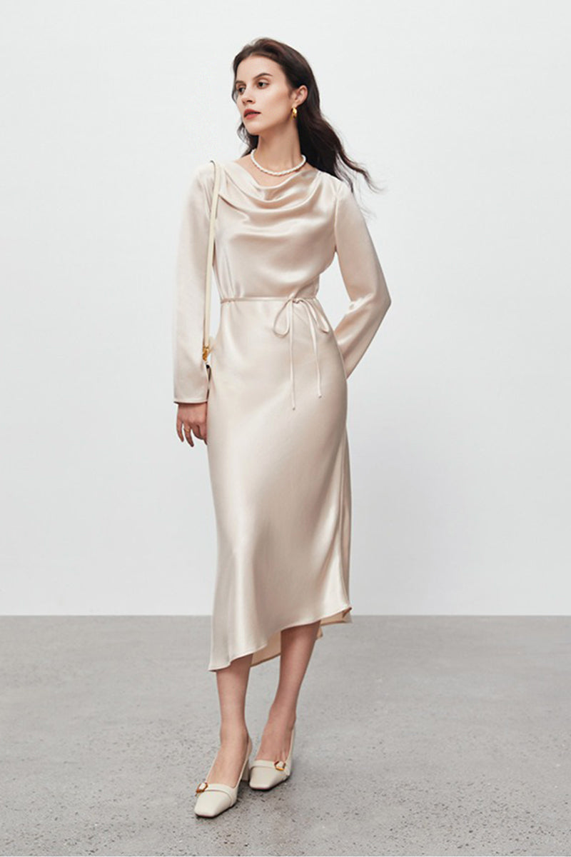 Champagne Triacetate Satin Long Sleeve Cowl Neck Midi Dress