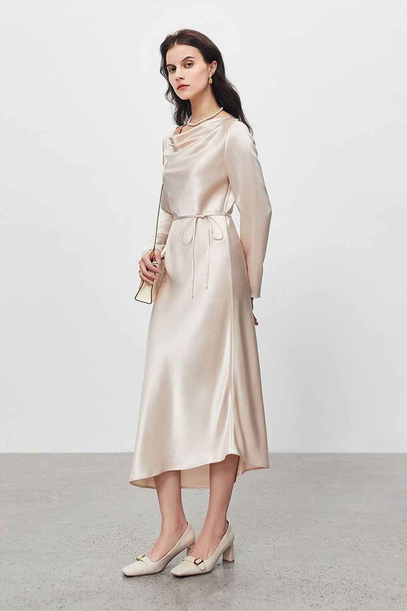 Champagne Triacetate Satin Long Sleeve Cowl Neck Midi Dress
