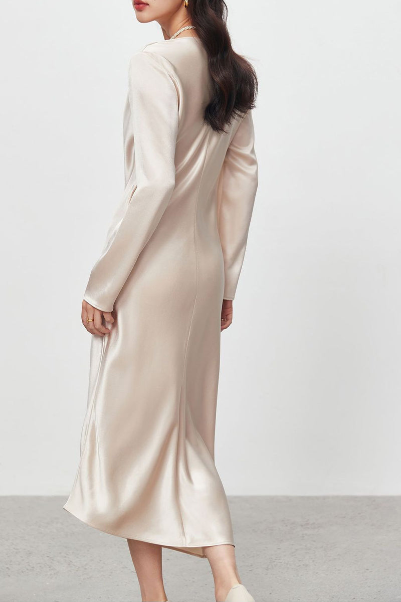 Champagne Triacetate Satin Long Sleeve Cowl Neck Midi Dress