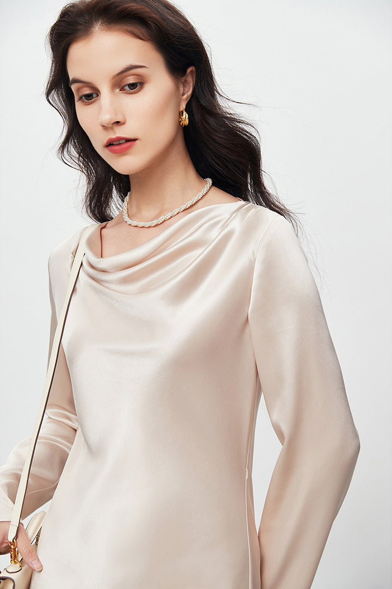 Champagne Triacetate Satin Long Sleeve Cowl Neck Midi Dress