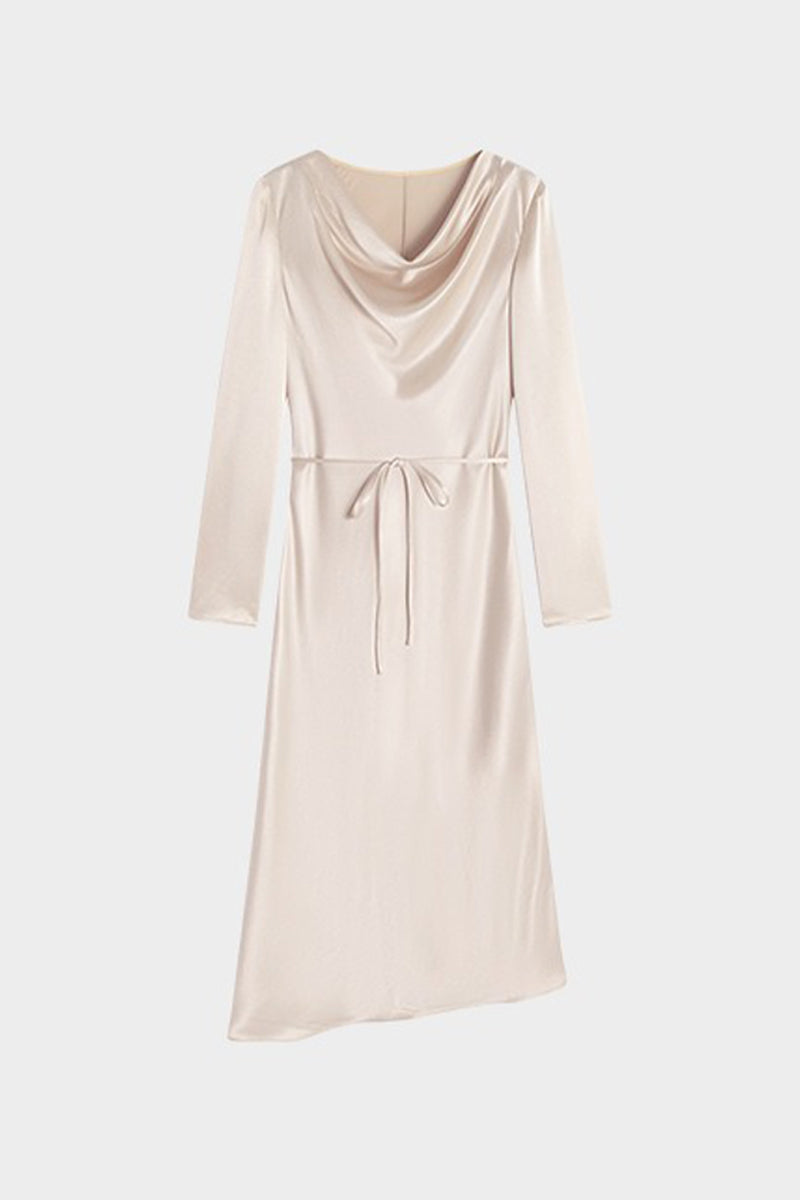Champagne Triacetate Satin Long Sleeve Cowl Neck Midi Dress