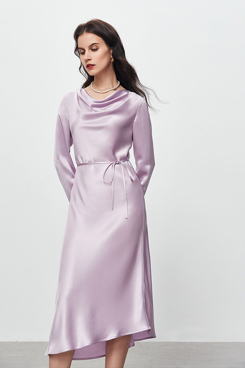 Champagne Triacetate Satin Long Sleeve Cowl Neck Midi Dress