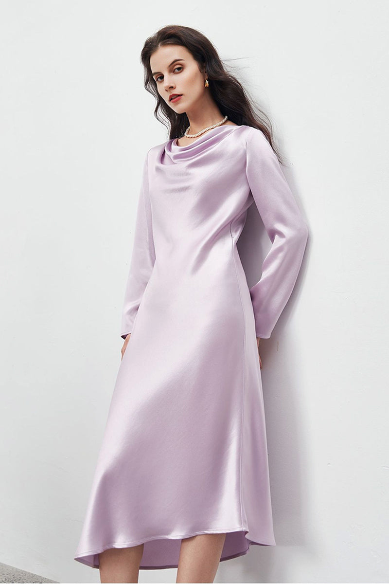 Champagne Triacetate Satin Long Sleeve Cowl Neck Midi Dress