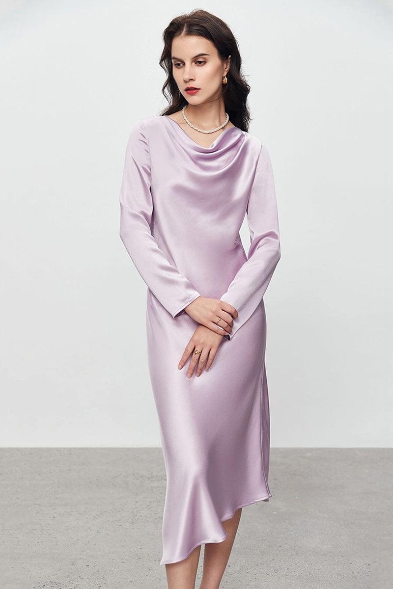 Champagne Triacetate Satin Long Sleeve Cowl Neck Midi Dress