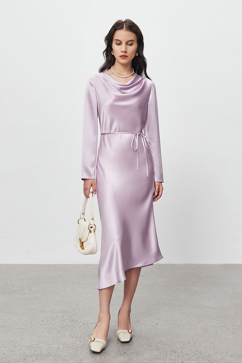 Champagne Triacetate Satin Long Sleeve Cowl Neck Midi Dress