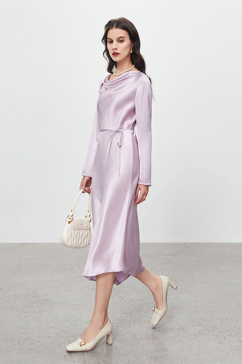 Champagne Triacetate Satin Long Sleeve Cowl Neck Midi Dress